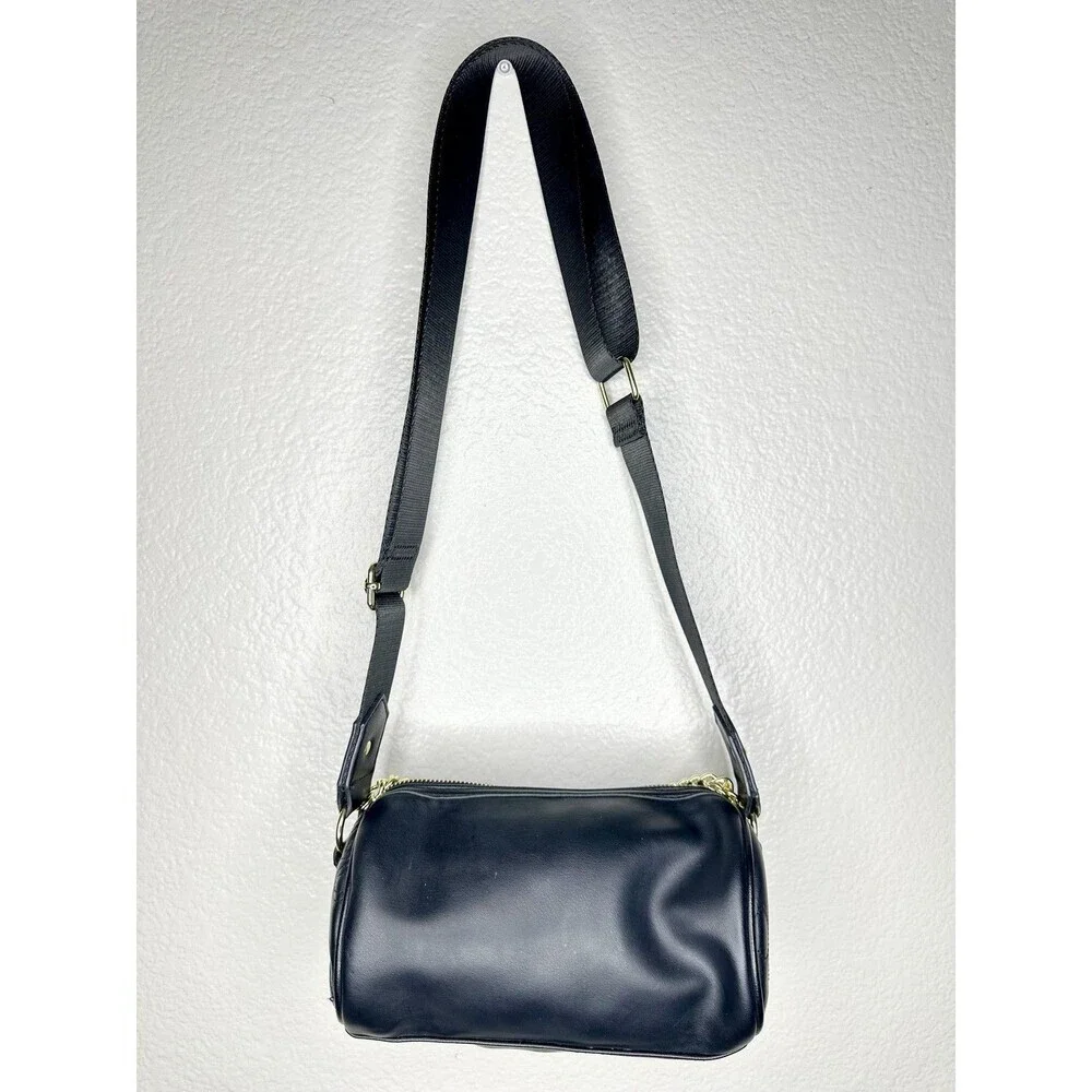 Juicy Couture Crossbody Bag Womens Small Black Faux Leather Chain Logo Barrel
